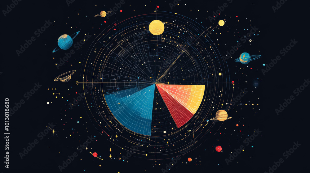 Aufkleber a simple picture of a pie chart showing the universe. it uses dots, lines, and shapes to look like p