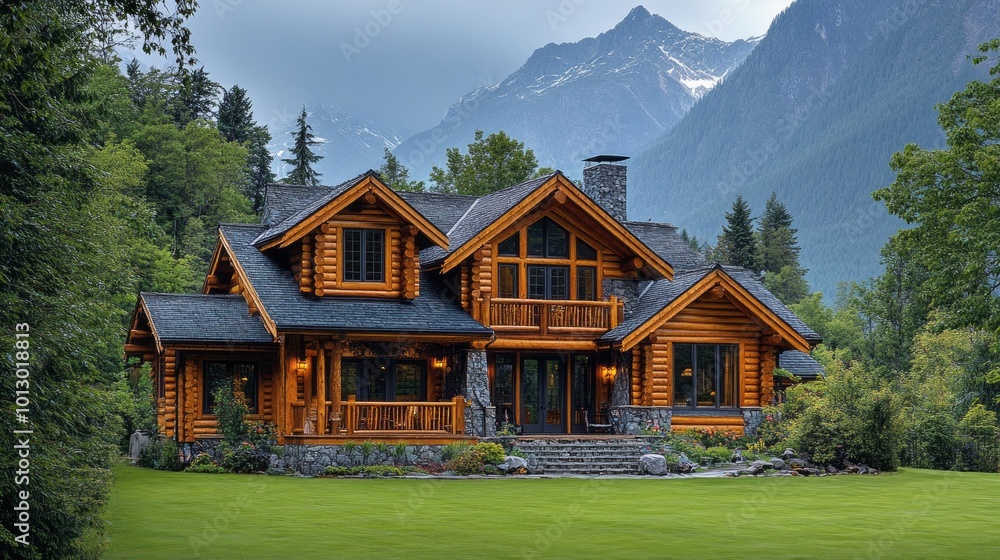 Poster a large log cabin with a green lawn and a view of the mountains