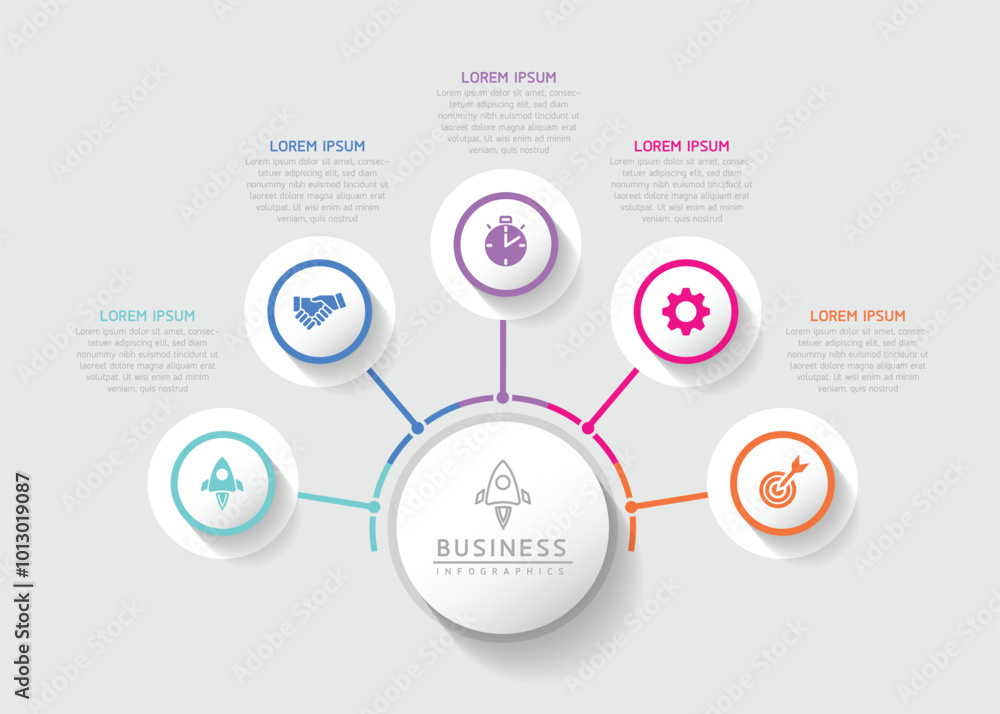 Poster vector infographic business presentation template with circular interconnection with 5 options.