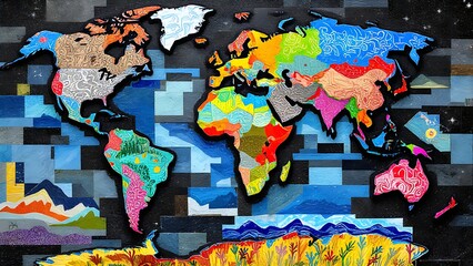 A vibrant, abstract world map with each continent depicted in different colors and intricate patterns, set against a background of geometric shapes and gradients