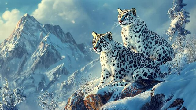Two Snow Leopards on a Mountain Peak
