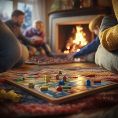 Family game night by the cozy fireplace