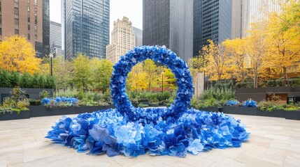 World diabetes day celebration in urban park with blue circle sculpture