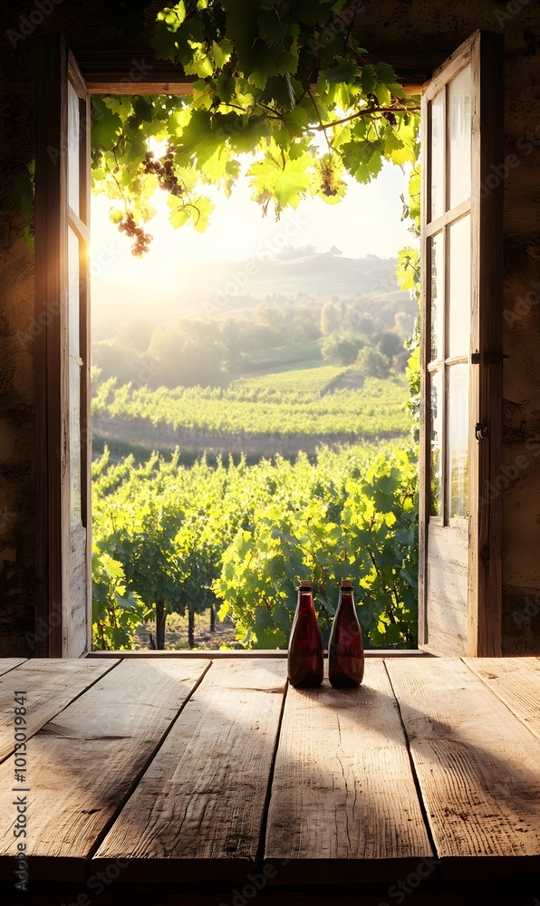 Poster 15. a cozy wooden table in front of an open window, overlooking a tranquil vineyard with gentle sunl