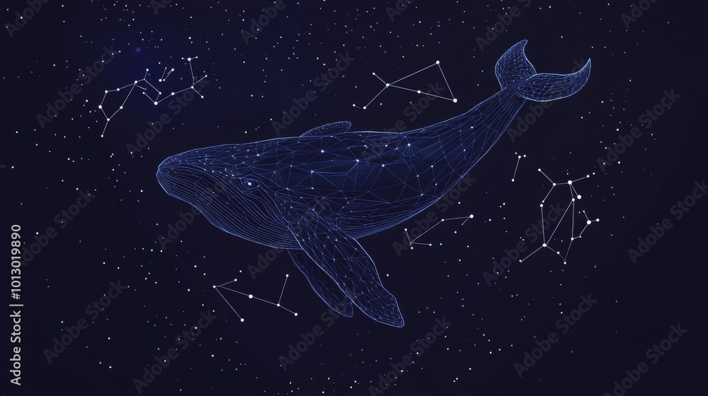 Poster a blue whale is shown as a digital design made of geometric shapes. the whale is outlined with lines