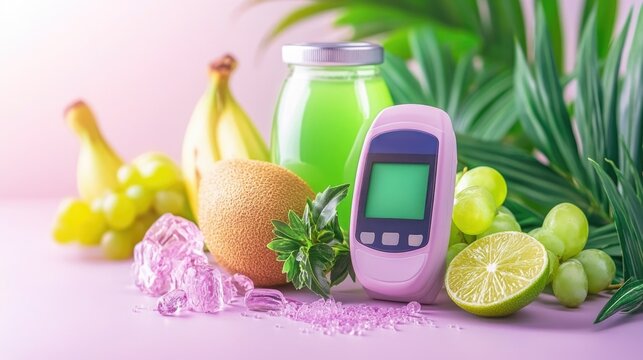 Healthy living essentials for world diabetes day with fresh fruits and monitor