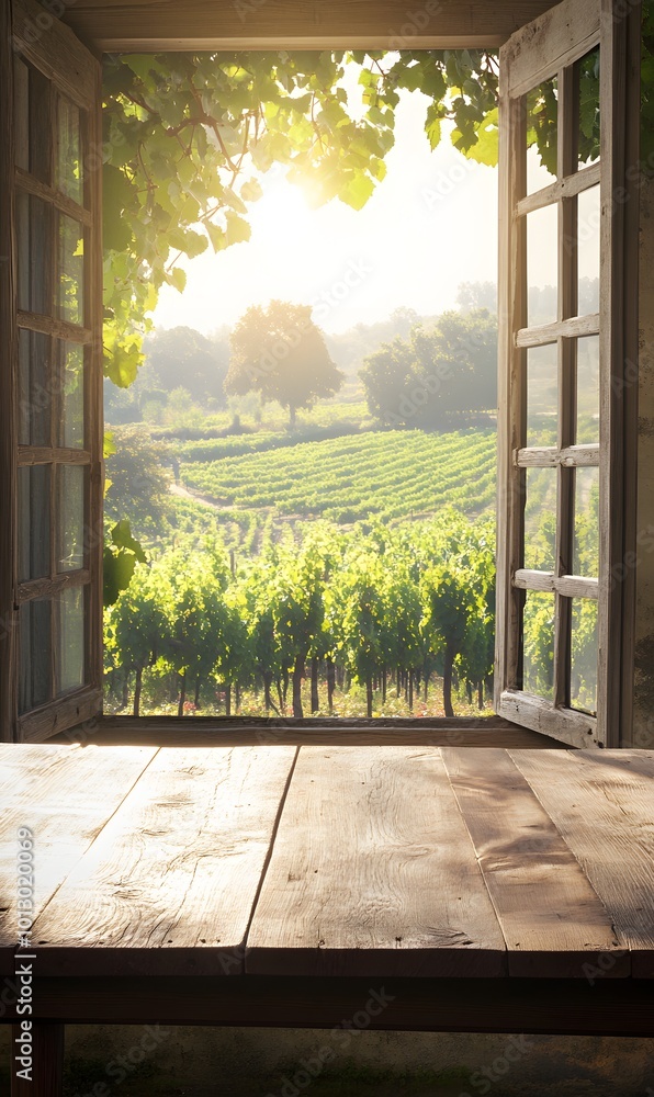 Poster 15. a cozy wooden table in front of an open window, overlooking a tranquil vineyard with gentle sunl