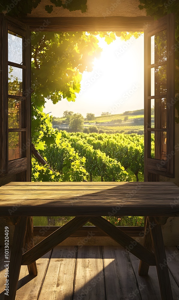 Poster 15. a cozy wooden table in front of an open window, overlooking a tranquil vineyard with gentle sunl