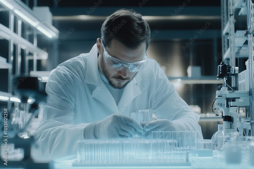Leinwandbilder A scientist in a lab coat and protective glasses meticulously works with test tubes, conducting experiments in a well-equipped laboratory. Generative AI