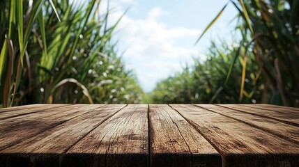 Rustic Wooden Tabletop with Blurred Sugarcane Field Background