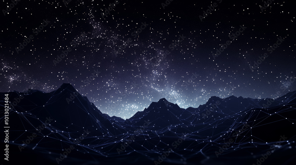 Poster imagine a starry night sky, but made of simple lines and points. this futuristic image uses a low-po