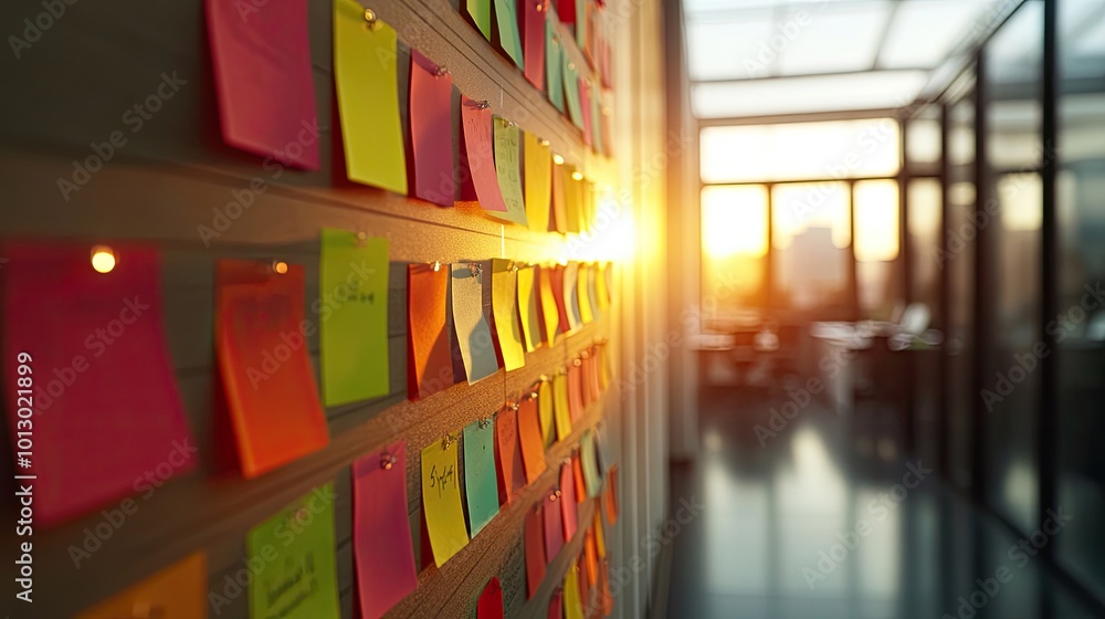 Aufkleber colorful sticky notes on a wall. this image shows a brainstorming session in progress, with a variet