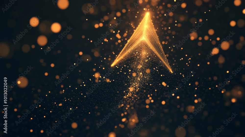 Poster a simple, geometric arrow pointing upwards, glowing with golden sparkles against a dark background. 
