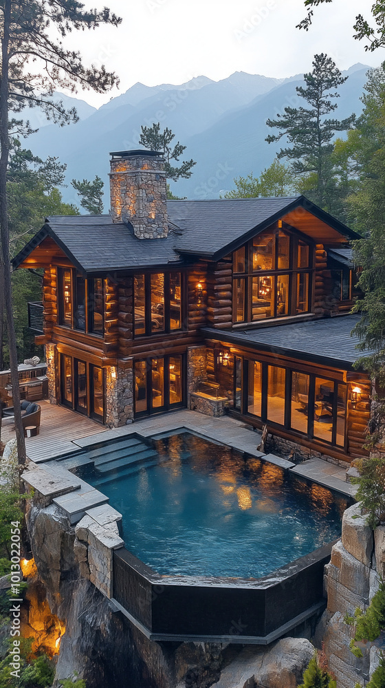 Poster a large house with a pool and a fireplace