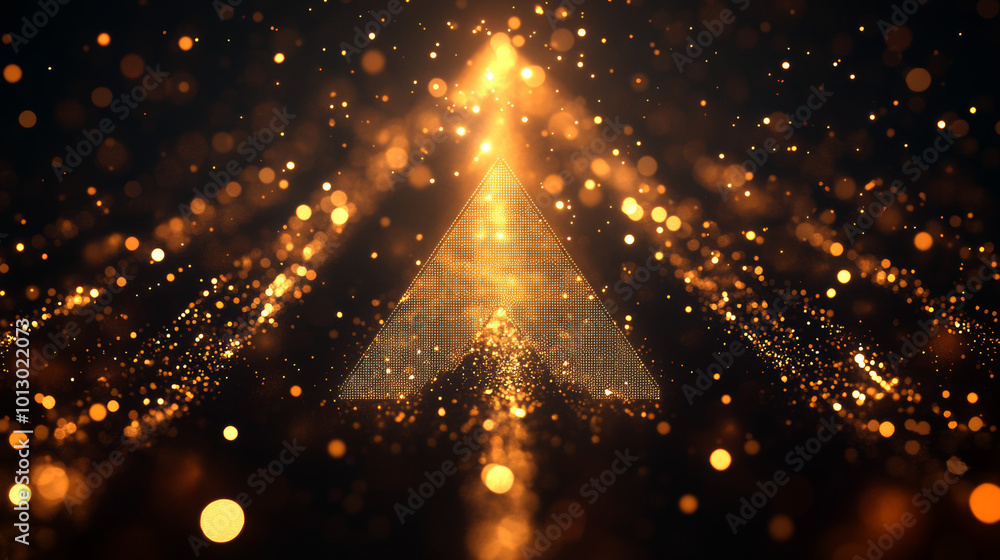 Poster a simple, geometric arrow pointing upwards, glowing with golden sparkles against a dark background. 