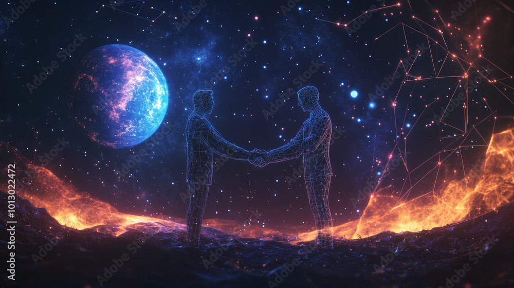 Poster a starry sky, full of planets and stars, forms a handshake between two brothers. the image is made w