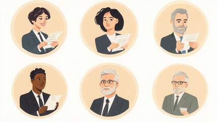 a set of illustrated avatars in circular frames showcasing diverse CEOs. One CEO wears a suit holding a speech paper, another has short wavy hair and a serious expression