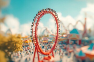 A miniature amusement park with tiny visitors, but a colossal, roller coaster loop is suspended in the sky
