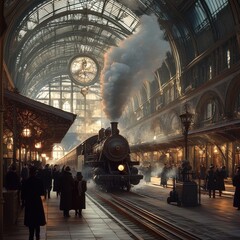Vintage steam train arriving at a grand historic station