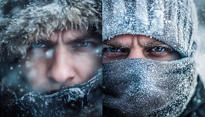 Capture people bundled up in heavy winter clothes in a snowy environment, with their breath visible and icy textures around them