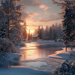 Serene winter sunset over a snowy cabin by the lake