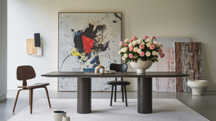 Contemporary table setup with modern art and flowers. A sleek interior scene showcasing a...