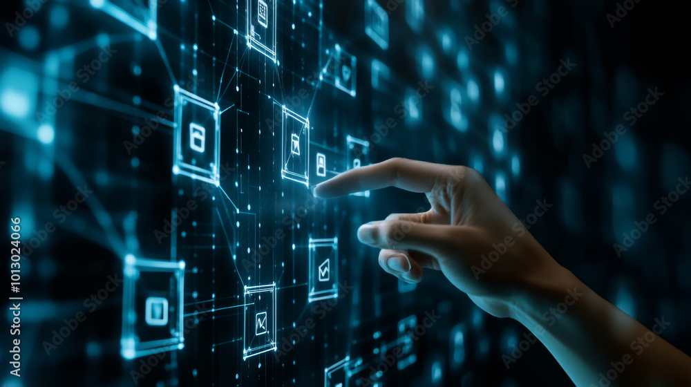Poster a hand reaches out to touch a digital blockchain icon, represented by connected cubes. this futurist