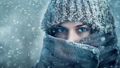 Capture people bundled up in heavy winter clothes in a snowy environment, with their breath visible and icy textures around them