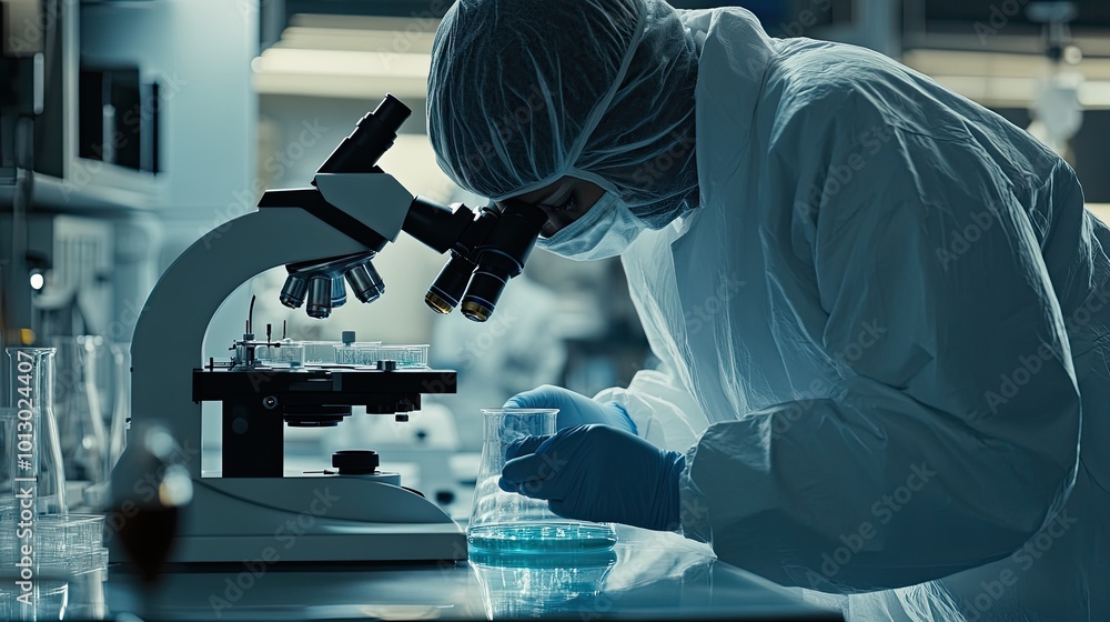 Poster scientist looking through microscope. the photo shows a scientist in a lab coat looking through a mi