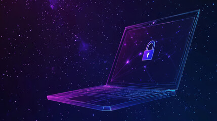 simple, geometric illustration of a laptop with a lock on its screen.represents the idea of protecting digital information,with a starry sky background emphasizing the digital world.low poly wireframe