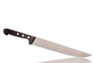 One metal kitchen knife, macro, isolated on white background.