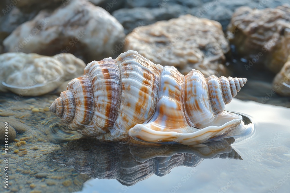 Poster a seashell with intricate patterns rests in shallow water. this image is ideal for use in projects r