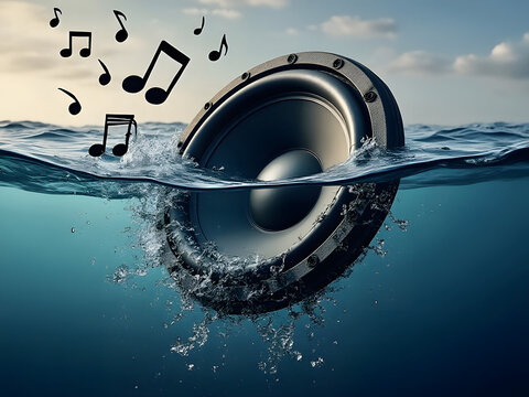 A submerged speaker emitting musical notes in clear water during a serene daytime setting