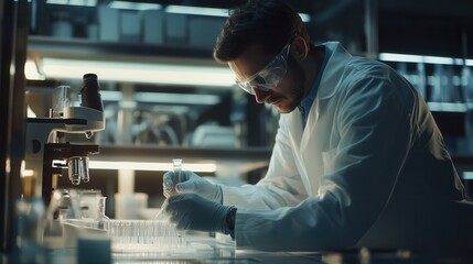 A scientist dressed in a lab coat and protective gear meticulously works with test tubes and samples in a busy laboratory. Generative AI