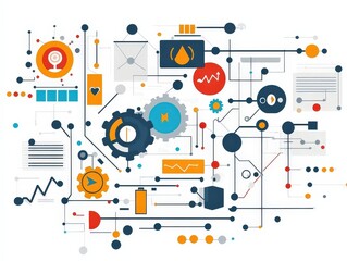 Obraz premium Abstract illustration of technology concepts with gears, graphs, and data visualization elements for innovative design projects.