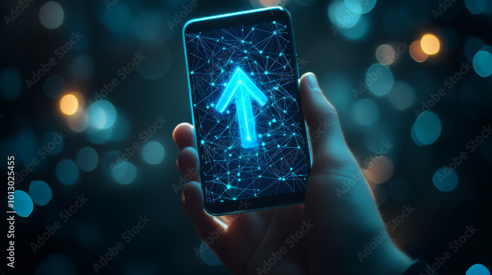 Poster a person holds a phone showing a glowing arrow pointing up. it symbolizes the fast growth of the int
