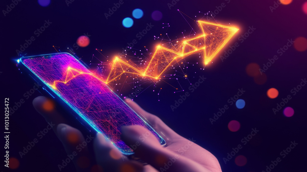 Poster a person holds a phone showing a glowing arrow pointing up. it symbolizes the fast growth of the int