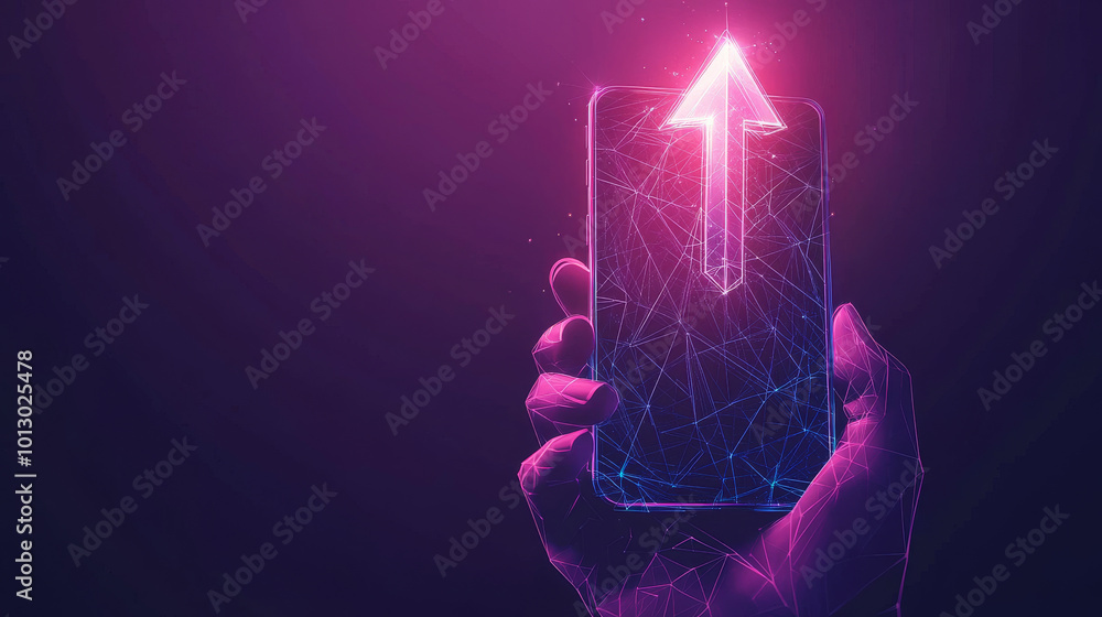 Poster a person holds a phone showing a glowing arrow pointing up. it symbolizes the fast growth of the int