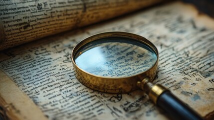 An antique magnifying glass rests on an old manuscript, revealing intricate details in the aged text, symbolizing exploration and discovery.