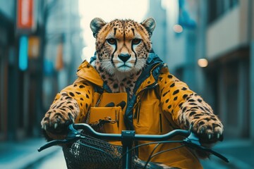 A cheetah as a delivery person riding a bicycle