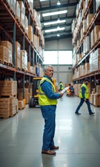 Fototapeta premium Indian Male Logistics Worker Managing Goods and Inventory in a Large Warehouse