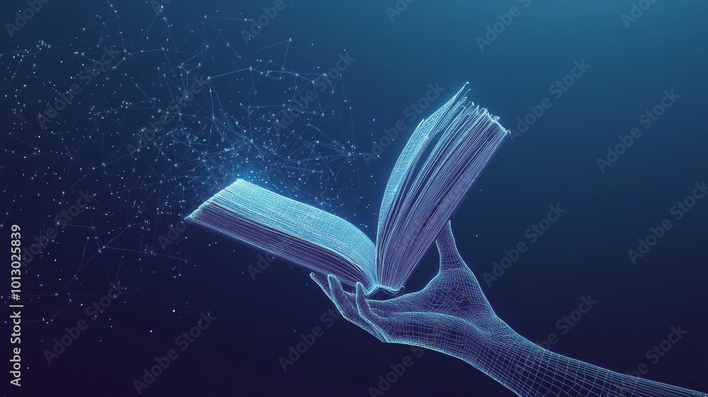 Aufkleber hand reaches out to touch a book, which is made up of simple lines and shapes.blue background sugges