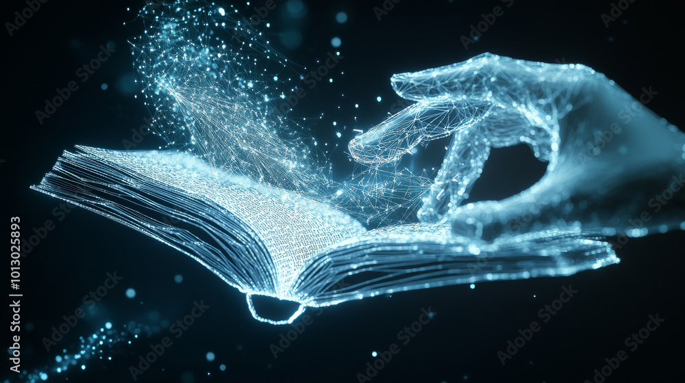 Aufkleber hand reaches out to touch a book, which is made up of simple lines and shapes.blue background sugges