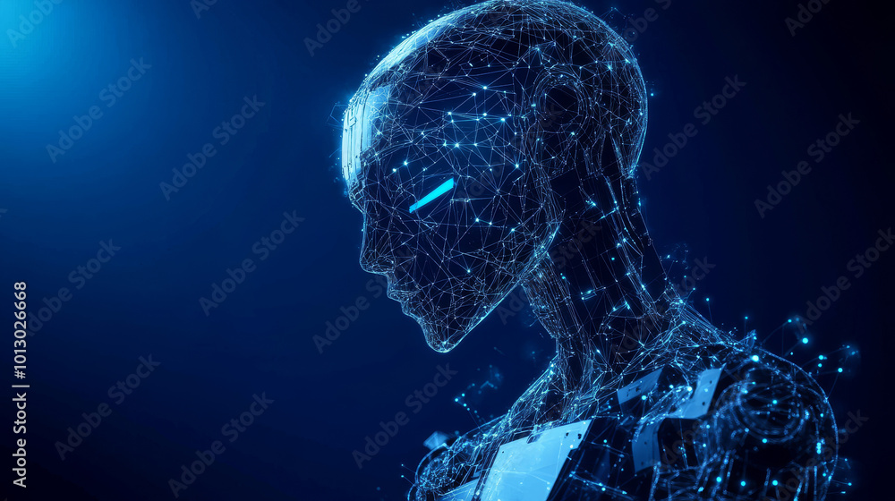 Poster a futuristic blue background shows a 3d robot made of lines and dots. the robot has an ai chip and c