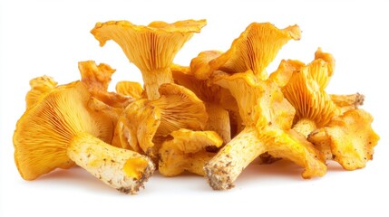 Fresh chanterelle mushrooms with golden caps, displayed in a natural cluster, isolated on white