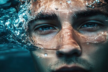 A mans face with half his head replaced by water 