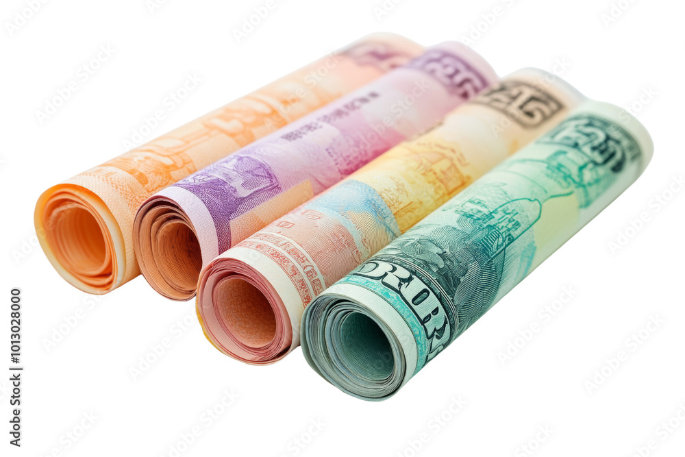 Poster Colorful rolled banknotes arranged in a row on a white background for financial concepts.