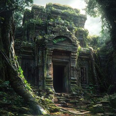 Naklejka premium Ancient temple ruins engulfed by lush jungle foliage