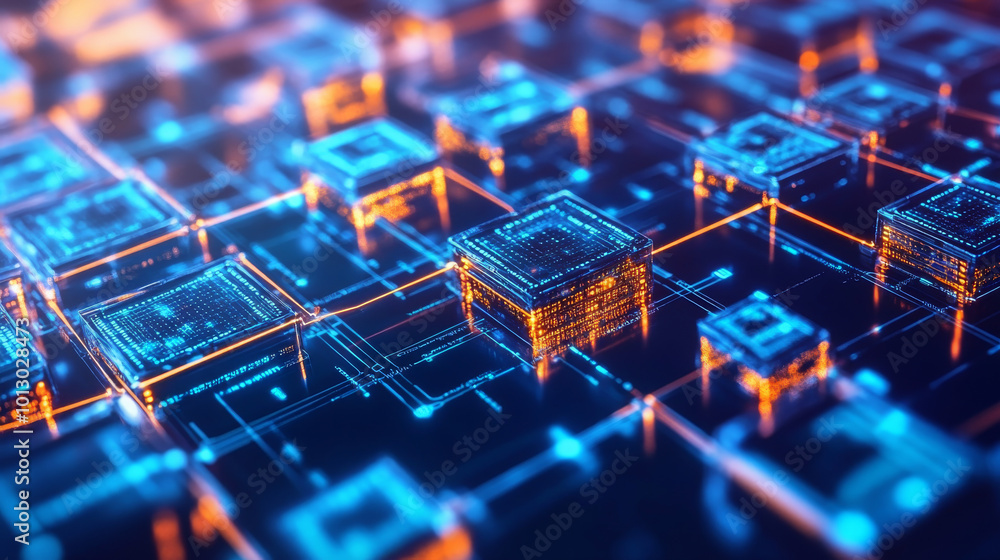 Poster this futuristic design shows a blockchain, where connected blocks hold encrypted data like transacti