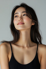 Fototapeta premium serene portrait of woman with long hair, showcasing gentle smile and graceful posture. soft lighting highlights her features, creating elegant and calm atmosphere